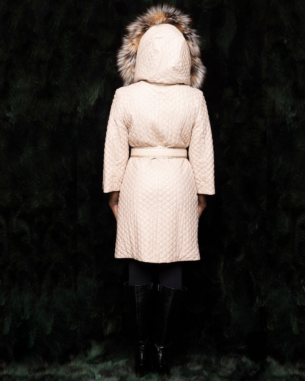 Blush Quilted Leather Coat w. Fox Hood