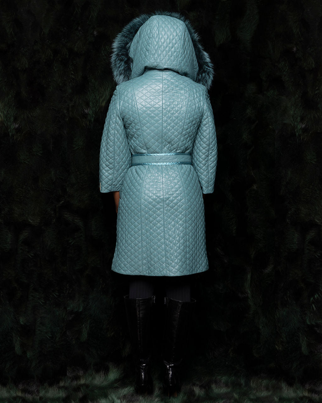 Teal Quilted Leather Coat w. Fox Hood