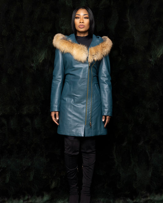 Teal Leather Coat w. Fox Hood