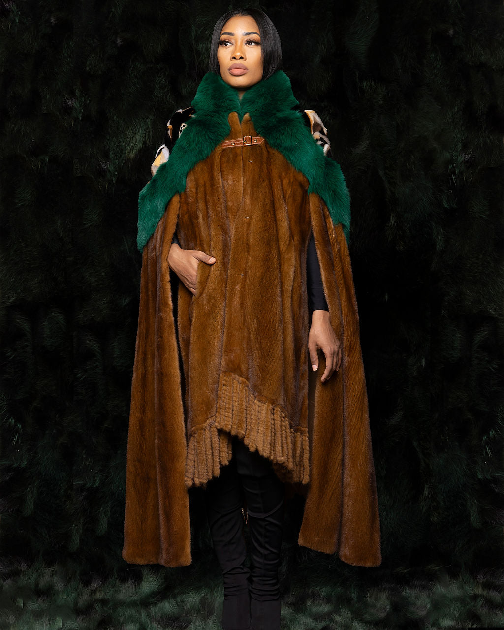 Mink Cape w. Ivy Green Fox Trim & Diamond Abstract Pattern