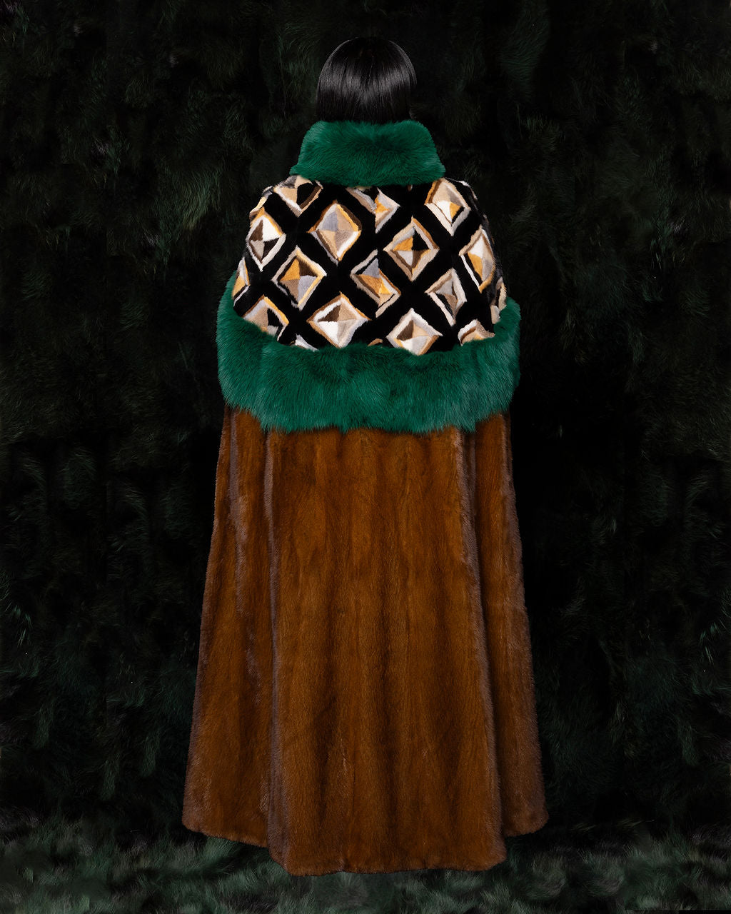 Mink Cape w. Ivy Green Fox Trim & Diamond Abstract Pattern